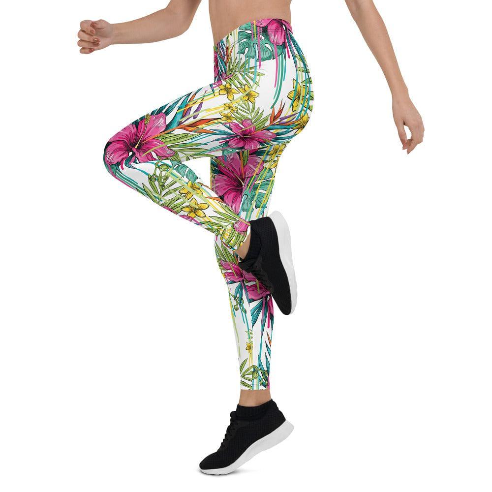 Pink Abstract Floral Women's Leggings, Rose Print Long Yoga Gym Pants- Made  in USA/EU